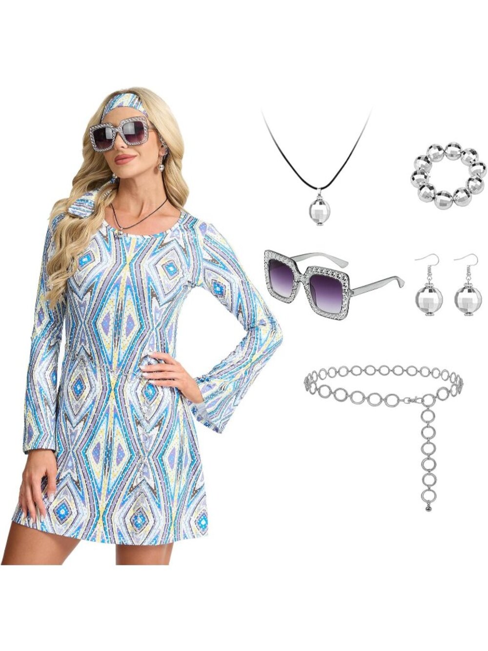Women's Light Blue 60s 70s Hippie Costume Dress Retro Disco Mini Halloween Party